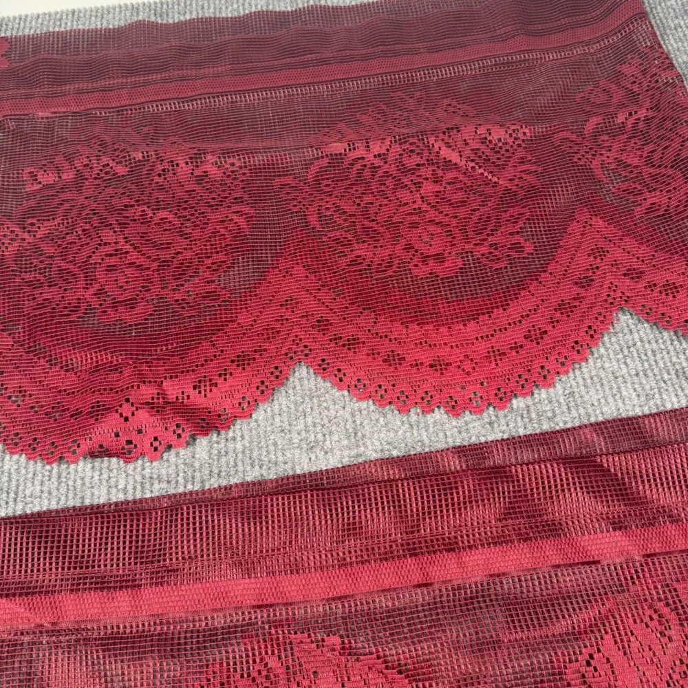 VTG 3 Burgundy Floral Lace Window Valances Scalloped Victorian Cottagecore 58x17